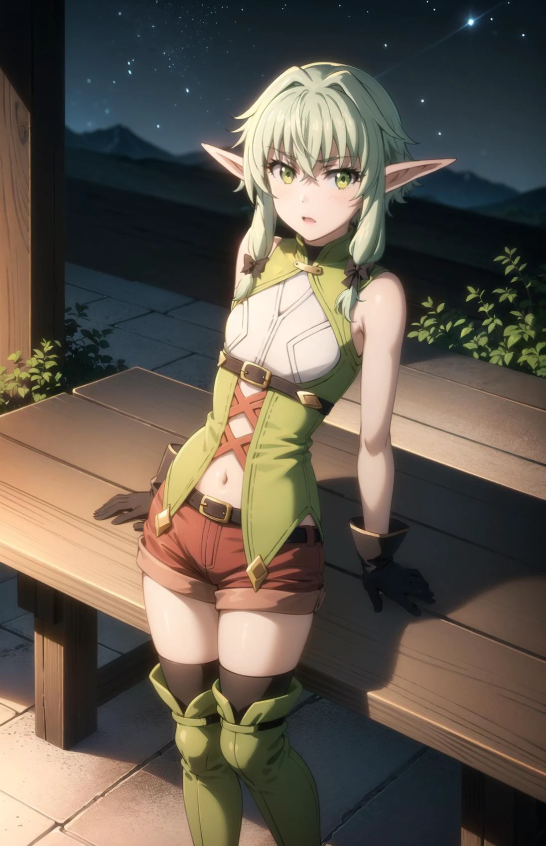 (1girl:1.5), (flat chest:1.5), (high elf (goblin slayer):1.3),
((high resolution illustration)), ((masterpiece)), ((best quality)), high detail,extremely detailed, atmospheric, dynamic angle,
(textured skin:1.4), (detailed green hair: 1.9), (detailed green eyes:1.4), short hair, paces, hair between eyes, intricate hair, solo focus, pointy ears, glowing eyes, detailed brows, young, small chest, muscular, slim,
detailed lighting, realistic colours,bright colours,
full body,
green dress, sleeveless dress, black bow, black gloves, asymmetrical gloves, brown shorts, thigh boots,
standing, looking at the viewer,
night sky, forest, mountains,
<lora:chara_GoblinSlayer_HighElf_v1:0.8>,