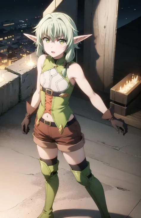 (1girl:1.5), (flat chest:1.5), (high elf (goblin slayer):1.3),
((high resolution illustration)), ((masterpiece)), ((best quality)), high detail,extremely detailed, atmospheric, dynamic angle,
(textured skin:1.4), (detailed green hair: 1.9), (detailed green eyes:1.4), short hair, paces, hair between eyes, intricate hair, solo focus, pointy ears, glowing eyes, detailed brows, young, small chest, muscular, slim,
detailed lighting, realistic colours,bright colours,
full body,
green dress, sleeveless dress, black bow, black gloves, asymmetrical gloves, brown shorts, thigh boots,
standing, looking at the viewer,
night sky, forest, mountains,
<lora:chara_GoblinSlayer_HighElf_v1:0.8>,