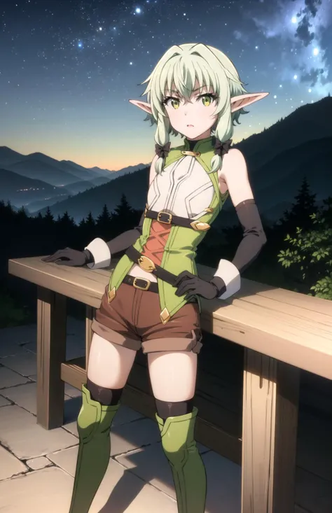 (1girl:1.5), (flat chest:1.5), (high elf (goblin slayer):1.3),
((high resolution illustration)), ((masterpiece)), ((best quality)), high detail,extremely detailed, atmospheric, dynamic angle,
(textured skin:1.4), (detailed green hair: 1.9), (detailed green eyes:1.4), short hair, paces, hair between eyes, intricate hair, solo focus, pointy ears, glowing eyes, detailed brows, young, small chest, muscular, slim,
full body,
green dress, sleeveless dress, black bow, black gloves, asymmetrical gloves, brown shorts, thigh boots,
standing, looking at the viewer,
night sky, forest, mountains,
<lora:chara_GoblinSlayer_HighElf_v1:0.8>,