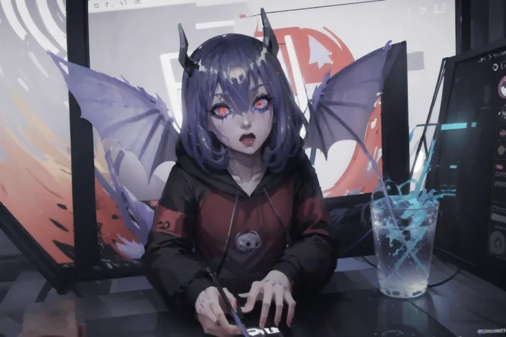 <lora:Discordchan:1> Discord-chan,(detailed face and eyes:1.3),(1girl:1.2),<lyco:DemonicT:0.35>,DemonicT,sclera,horns,wings,colored sclera,demon wings,demon horns,slit pupils,Ultra-detail,(highres:1.1),best quality,(masterpiece:1.3),cinematic lighting, <lora:ThroughScreenV2:0.9> through screen, moniitor