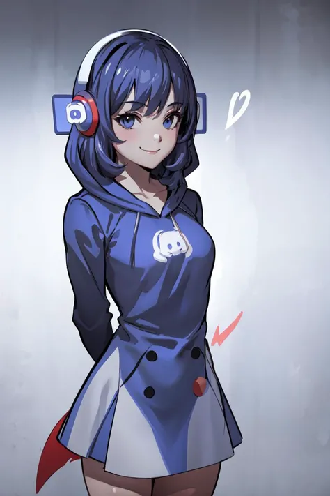 masterpiece, best quality, absurdres, perfect anatomy, 1girl, solo, Discord-chan, smile, arms behind back, <lora:Discordchan:1>