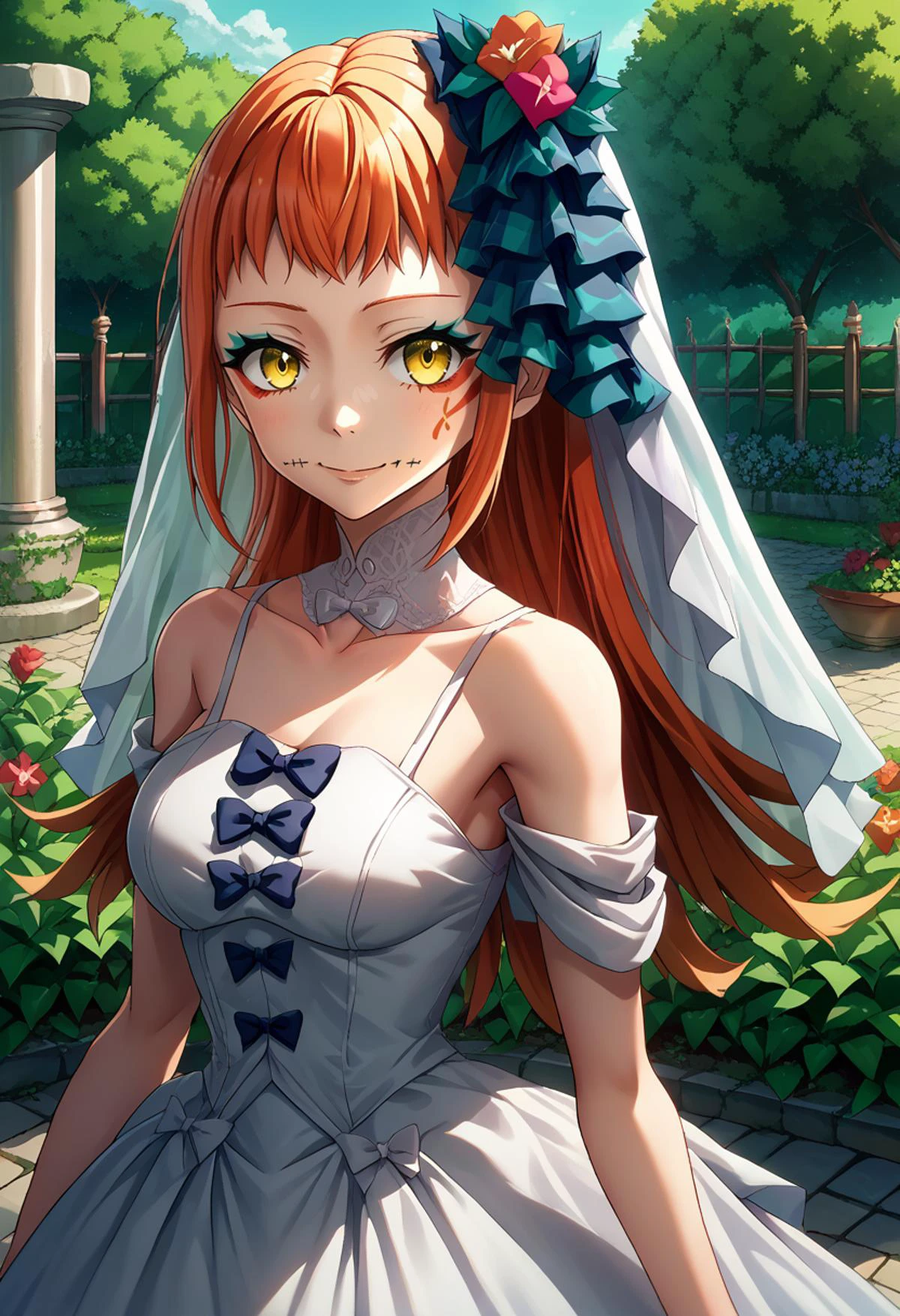 score_9, score_8_up, score_7_up, source_anime, 1girl, outside, garden, wedding dress, smile, looking at viewer ADDCOMM
<lora:PanetteFE-pdxl:1> rndPanette, long hair, hair bow, makeup, facial mark, stitched mouth, medium breasts
