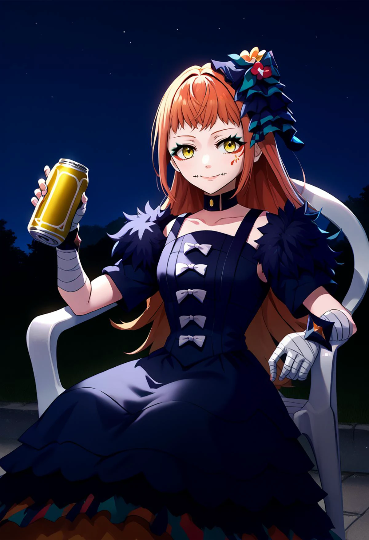 score_9, score_8_up, score_7_up, source_anime, 1girl, outside, night, night sky, <lora:PlasticChair_XLPD:1> plastic chair, sitting, leaning, holding beer can, smile ,
<lora:PanetteFE-pdxl:1> defPanette, long hair, hair bow, makeup, facial mark, stitched mouth, black choker, fur-trimmed dress, multicolored skirt, short sleeves, bandaged arm, bracelet, armored boots