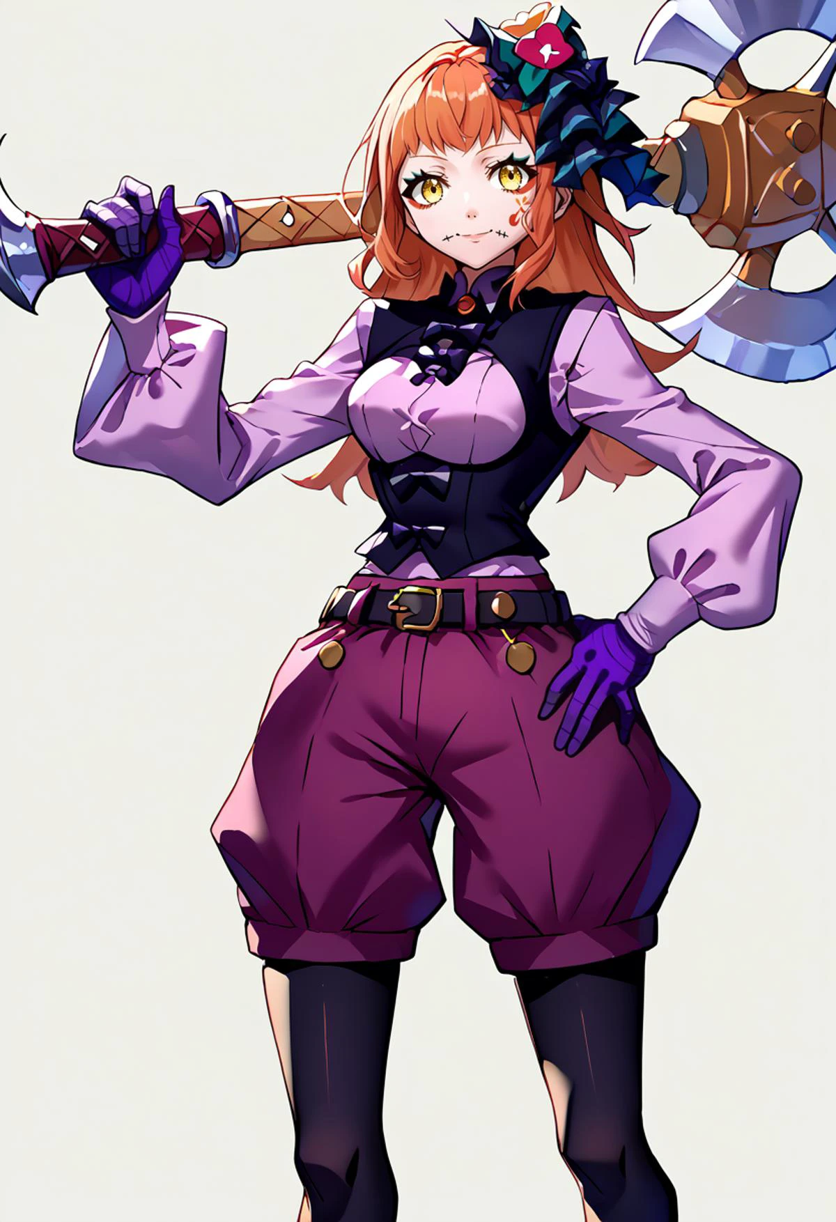score_9, score_8_up, score_7_up, source_anime, 1girl, simple background, cowboy shot, hand on own hip, holding, holding axe, <lora:HaruP5-pdxl:1> pink collared shirt, puffy long sleeves, black vest, underbust, purple gloves, purple shorts, puffy shorts, belt, bandolier, black pantyhose, black shoes, smile ADDCOMM
<lora:PanetteFE-pdxl:1> rndPanette, long hair, hair bow, makeup, facial mark, stitched mouth, yellow eyes, bangs
