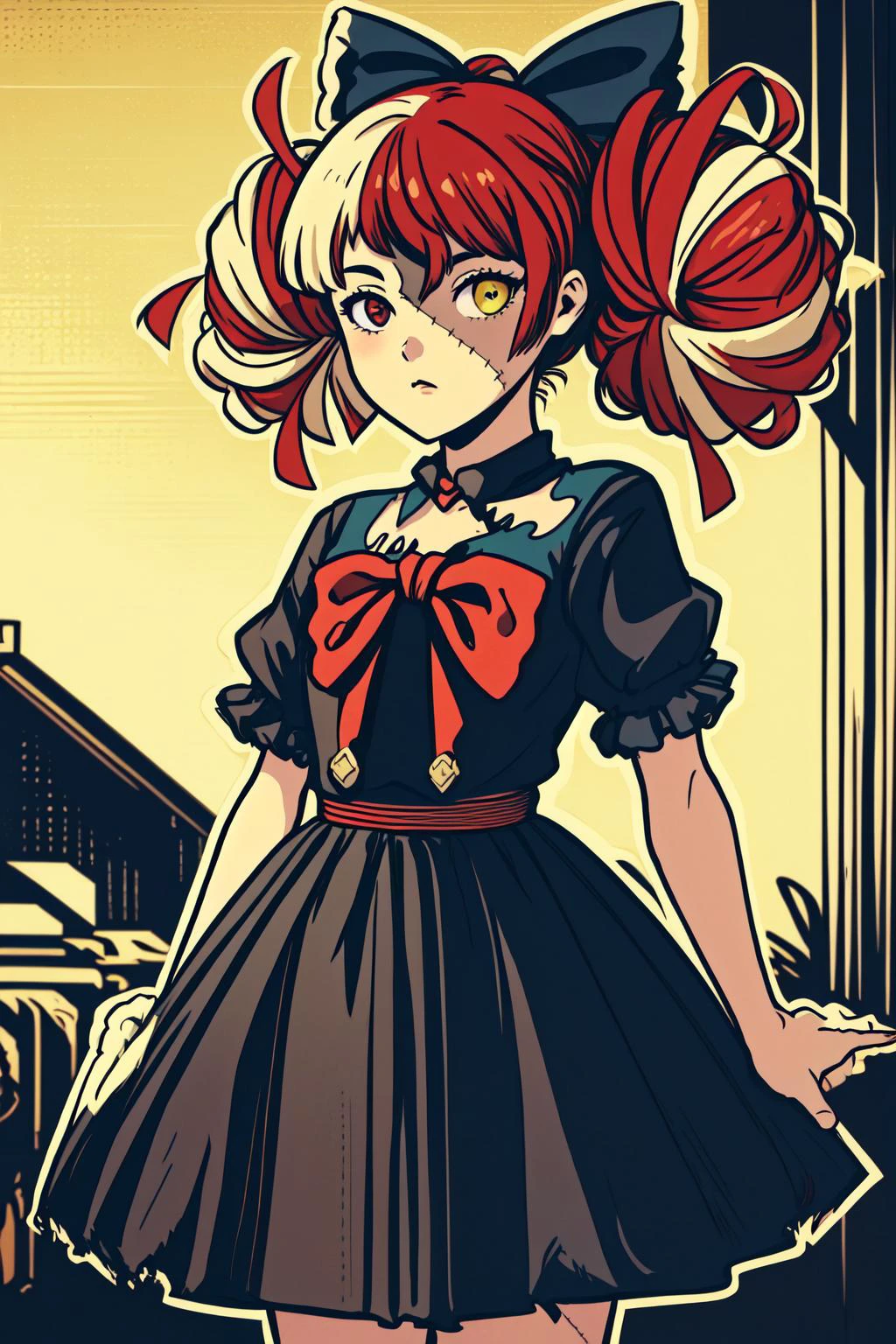 best quality, intricate details,
<lora:kureijiOllieHololive4_v3:0.8> zombie, patchwork skin, heterochromia, red eyes, yellow eyes, kureiji ollie, double bun, torn dress, red bow, hair bow,
<lora:vintageStyle_v10:0.8> cowboy shot, looking at viewer,