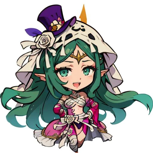 masterpiece, best quality, hal_naga, long dress, whitch hat, white bandages, veil, cleavage, bare shoulders, detached sleeves, bandaged leg, pink dress, navel, large breasts, white rose, bow, long sleeves, chibi, white background, simple background, furrowed brow, :D, hands to hips <lora:naga:1> <lora:DarkCabalChibiStyle:1>