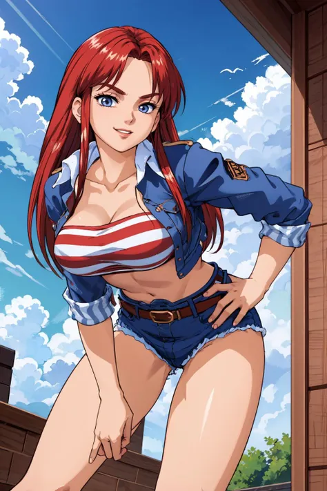 masterpiece, best quality, yukaii, jacket, sleeves rolled up, tube top, (((white panty))), belt, large breasts, (((sit on chair))), cowboy shot, from below, sky, clouds