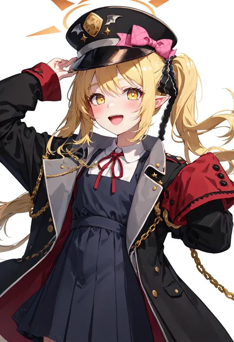 best quality, masterpiece, highres, solo, (ibuki_bluearchive:1.10), 1girl, black coat, collared shirt, long sleeves, looking at viewer, open coat, open mouth, pinafore dress, white shirt, sleeves past fingers, blush, hat bow, black dress, pink bow, simple background, white background, red armband, :d, crime prevention buzzer, oversized clothes, 0 <lora:ibuki_bluearchive:0.80>