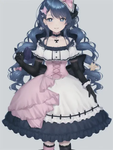 beach, 1girl, absurdres, black bow, black gloves, black legwear, blue eyes, blue hair, bow, collarbone, dress, drill hair, frilled dress, frills, gloves, gwen \(league of legends\), hair ornament, highres, league of legends, long hair, parted lips, puffy sleeves, pink pupils, smile, solo, white dress, x, x hair ornament <hypernet:gargantuaVtuber_vtuber:0.7> full body,