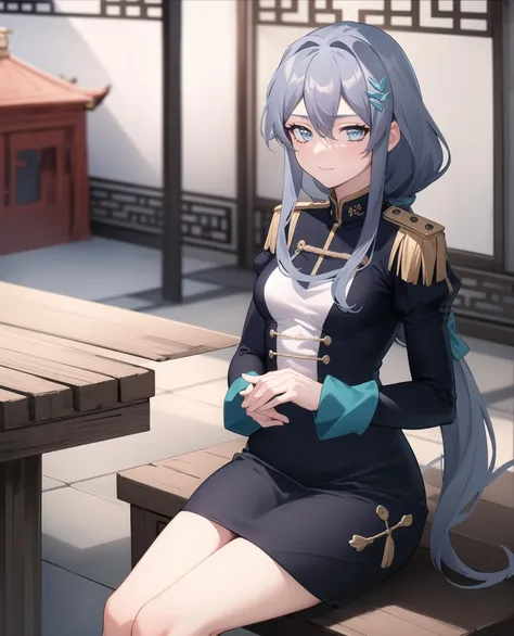 ((masterpiece, best quality, high detailed:1.2)), 8k uhd, 1girl, slender, <lora:LixueV1-08:0.8>, cheng lixue, miniskirt, military uniform, ponytail, sitting, chinese temple, looking at viewer
