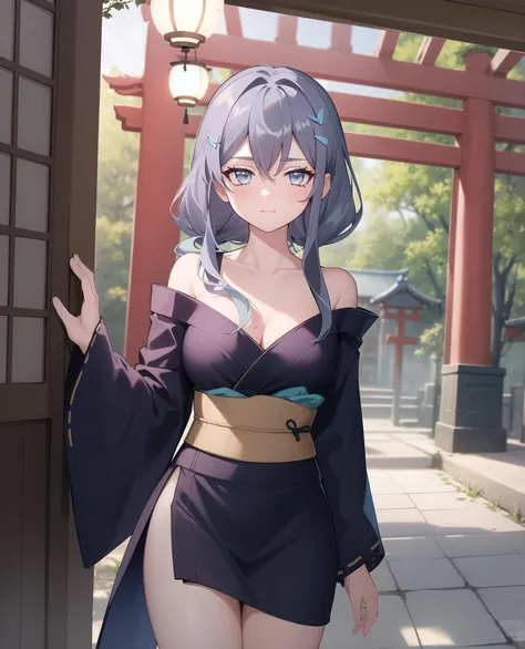 ((masterpiece, best quality, high detailed:1.2)), 8k uhd, 1girl, slender, <lora:LixueV1-08:0.8>, cheng lixue, ((black yukata, thighs)), ponytail, cowboy shot, japanese temple, looking at viewer, bare shoulders, collarbone, cleavage, neutral, frown