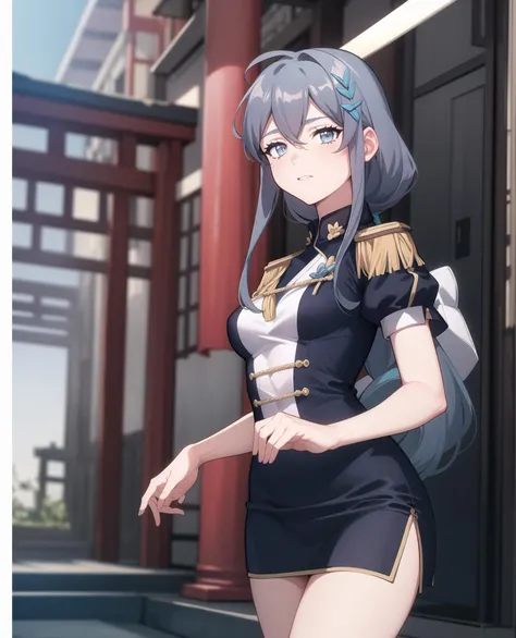 ((masterpiece, best quality, high detailed:1.2)), 8k uhd, 1girl, slender, <lora:LixueV1-08:0.8>, cheng lixue, miniskirt, military uniform, ponytail, cowboy shot, chinese temple, looking at viewer