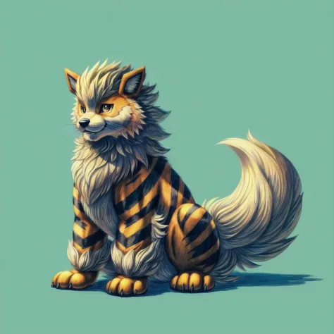 (((Arcanine, Pokmon, Animal,))), solo, single, Tiger, wolf, orange fur, fluffy, cuddly,   <lora:Arcanine - Pokmon:1>
(masterpiece, sidelighting, finely detailed, beautiful),  <lora:add_detail:1> <lora:hairdetailer:0.2>