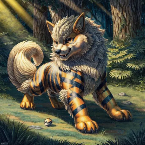 (((Arcanine, Pokmon, Animal,))), solo, single, Tiger, wolf, orange fur, fluffy, cuddly, <lora:Arcanine - Pokmon:1>
(masterpiece, sidelighting, finely detailed, beautiful), <lora:add_detail:1> <lora:hairdetailer:0.2>
In forest,