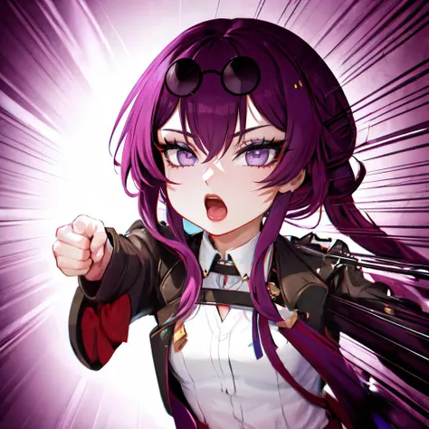 Highly detailed, High Quality, Masterpiece, beautiful, Kafka, purple eyes, jacket, <lora:Kafka:0.8>, 1girl, solo, mature female, purple eyes, jacket, clenched hand, reaching towards viewer, anger vein, emphasis lines, open mouth, upper body, cropped torso, looking at viewer, chibi, <lora:Pos_Punching:1>