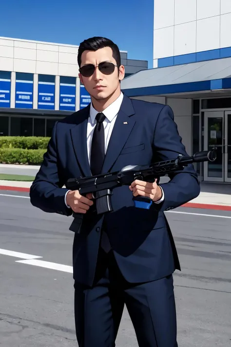 masterpiece, best quality, solo, male,looking at viewer,outdoor,
<lora:akaiwaV1:0.6>akaiwa,gun,suit,