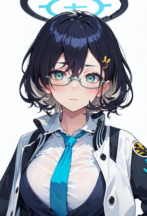 best quality, masterpiece, highres, solo, (chihiro_bluearchive:1.10), 1girl, blue necktie, collared shirt, simple background, upper body, white shirt, looking at viewer, white background, closed mouth, blush, long sleeves, id card, open jacket, under-rim eyewear, two-tone jacket, 0 <lora:chihiro_bluearchive:0.80>