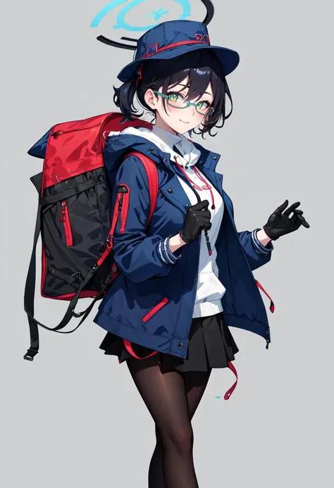 best quality, masterpiece, highres, solo, (chihiro_bluearchive:1.10), long sleeves, 1girl, black gloves, blue headwear, closed mouth, hat, looking at viewer, black pantyhose, smile, hood, multicolored jacket, backpack, blush, official alternate costume, black footwear, black skirt, holding, shoes, simple background, 12 <lora:chihiro_bluearchive:0.80>