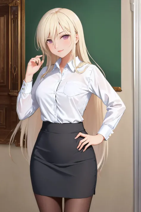 (masterpiece, best quality:1.2), <lyco:senrankagura_leo-08:1.0>, cowboy shot, solo, 1girl, senranleo, smile, closed mouth, looking at viewer, hand on hip, collared shirt, pencil skirt, pantyhose