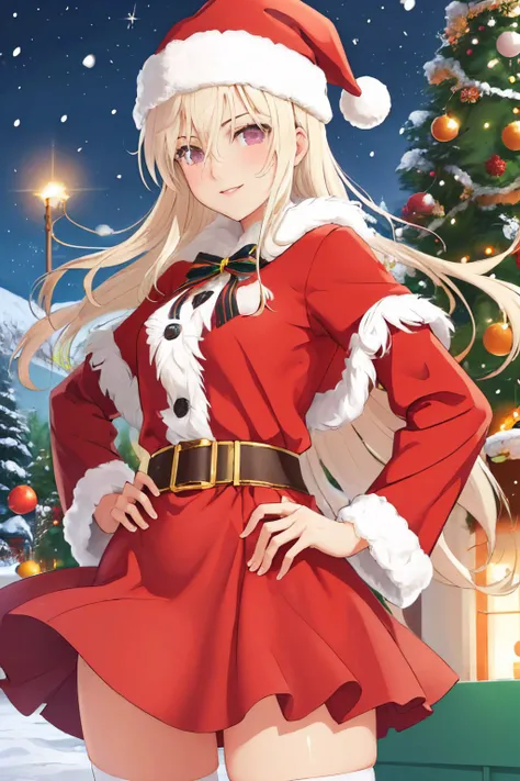 (masterpiece, best quality:1.2), <lyco:senrankagura_leo-08:1.0>, cowboy shot, solo, 1girl, senranleo, smile, closed mouth, looking at viewer, hand on hip, santa hat, santa costume, red dress, skirt, thighhighs, snowing