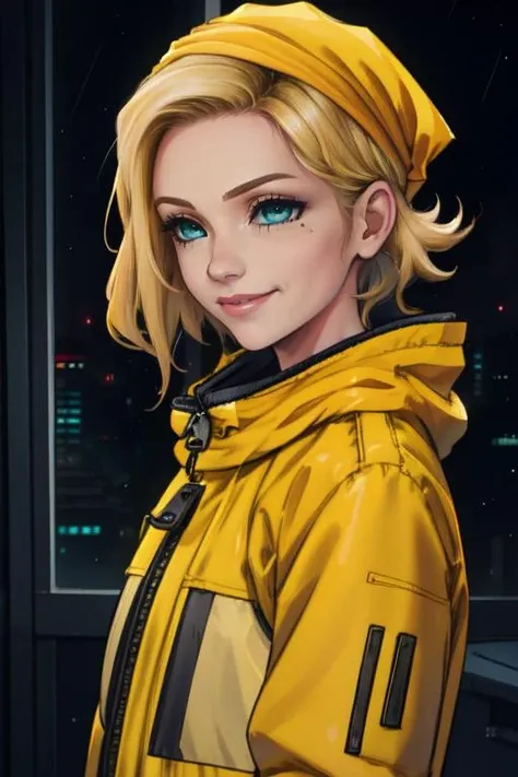 Dominique, short blond hair, teal eyes, mole under eye, solo, upper body, smiling, orange bandana,
DomiRai,long sleeves with text, yellow raincoat , zipper,
bar, nighttime, window,
(insanely detailed, beautiful detailed face, masterpiece, best quality)
<lora:dominique-10v3:0.7>