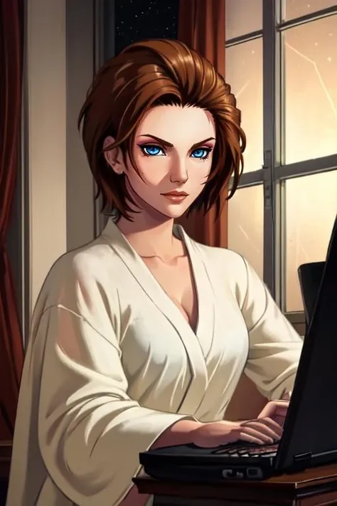 Lian,blue eyes,short hair,brown hair,makeup,scar on left eye,
bath robe, nude,  
 upper body,  solo,  standing,close up, smug, 
  night, stars, window,  room, hotel,  sitting, laptop, 
(insanely detailed, beautiful detailed face, masterpiece, best quality)   <lora:LianC-10:0.7>