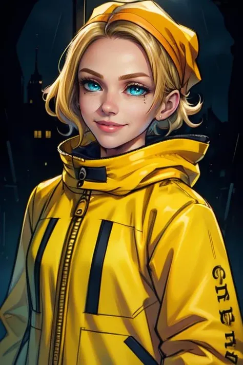 Dominique, short blond hair, teal eyes, mole under eye, solo, upper body, smiling,  orange hair bandana,
 DomiRai,long sleeves with text, yellow raincoat , zipper, bar, nighttime, window, (insanely detailed, beautiful detailed face, masterpiece, best quality)
 <lora:dominique-10v3:0.7>