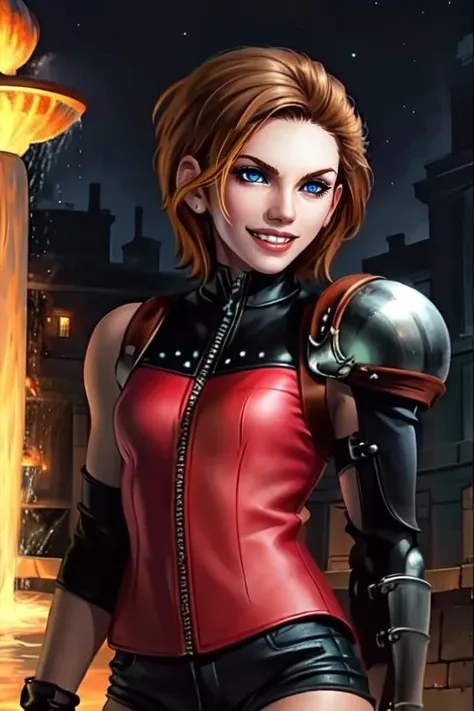 Lian,blue eyes,short hair,brown hair,makeup,scar on left eye,
LiGear,fingerless gloves,armor,zipper,boots,black short shorts,shoulder pads,black gloves, bandaid on knee,
elbow pads,
 upper body,  solo,  standing, science fiction, close up, grin, 
town square, fountain,  night, stars, 
(insanely detailed, beautiful detailed face, masterpiece, best quality)   <lora:LianC-10:0.7>