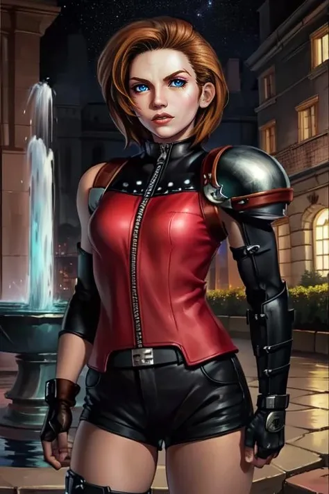 Lian,blue eyes,short hair,brown hair,makeup,scar on left eye,
LiGear,fingerless gloves,armor,zipper,boots,black short shorts,shoulder pads,black gloves, bandaid on knee,
elbow pads,
upper body, solo, standing, science fiction,
town square, fountain, night, stars,
(insanely detailed, beautiful detailed face, masterpiece, best quality) <lora:LianC-10:0.7>