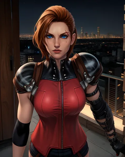 Leann,blue eyes,short hair,brown hair,scar on left eye,
zipper,short shorts,shoulder pads,black gloves,red shirt,
elbow pads,
standing,upper body,
city,night,
(insanely detailed, beautiful detailed face, masterpiece, best quality),solo,<lora:Leann-10TB6:0.8>,