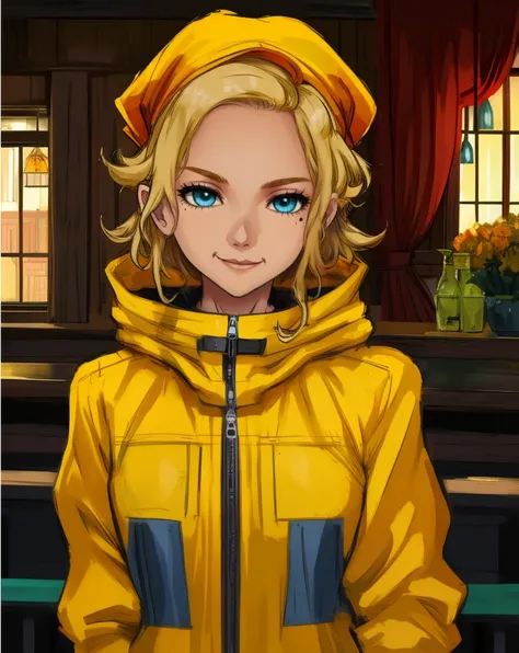 Dominique,short blond hair,blue eyes,solo,standing,smiling,zipper,dog street,orange bandana,bar,indoors,mole under eye,long sleeves with text,yellow raincoat,zipper,bar,nighttime,window,(insanely detailed, beautiful detailed face, masterpiece, best quality),<lora:dominique-10TB6:0.8>,