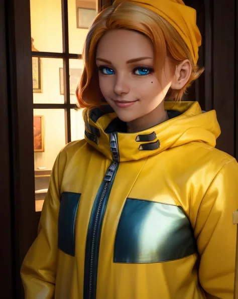 Dominique,short blond hair,blue eyes,solo,upper body,standing,smiling,zipper,dog street,orange bandana,bar,indoors, mole under eye,
long sleeves with text,yellow raincoat,zipper,bar,nighttime,window,
(insanely detailed, beautiful detailed face, masterpiece, best quality),<lora:dominique-10TB6:0.8>,