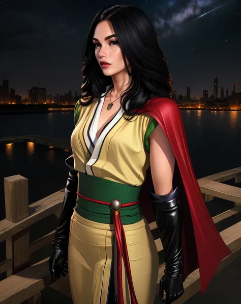 Kaldea,long black hair,black eyes,lips,
black elbow gloves,boots,necklace,navel,kimono,sash,red arm cape,
standing,upper body,
ight,stars,cityscape,
(insanely detailed, beautiful detailed face, masterpiece, best quality),solo,<lora:Kaldea-10TB6:0.8>,