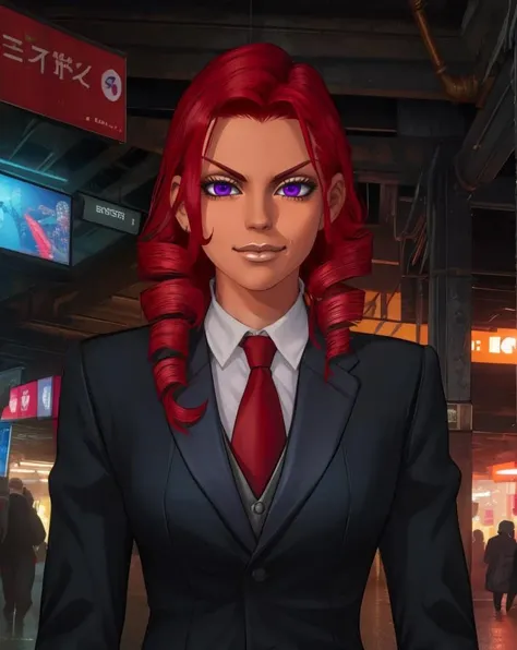 Echidna,red hair,purple eyes,twin drills,
red tie,black suit,
standing,upper body,
night,cyberpunk,train station,smirk,
(insanely detailed, beautiful detailed face, masterpiece, best quality),solo,<lora:Echidna-10TB6:0.7>,