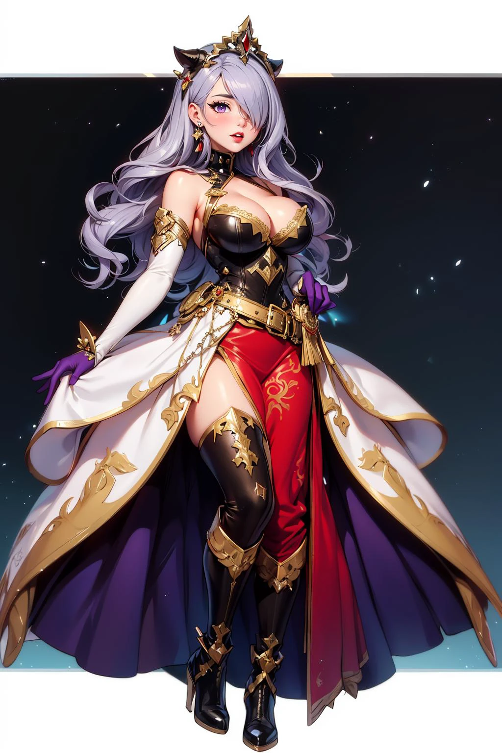 1girl, long hair, purple hair, hair over one eye, solo, purple eyes, cleavage, wavy hair, gloves, ((Powerful)), Imperial Ruler, Commanding presence, (Luxurious), High-quality leather-fused ((ballgown)), Rich (silver) embroidery, Stark (white) base with Deep (red) and (grey) accents, Structured (bodice), Practical split-front (skirt) for ease of movement, (Studded) embellishments, Ornate, Cinched waist with wide (silver) belt, Regal, Head-turning, Thigh-high leather boots with (silver) buckles, Dominant, Queenly, Sleek pulled-back hair, (Silver) diadem, Dagger-inspired (earrings), Bold (red) lips. <lora:Char_fe-Camilla:0.9>