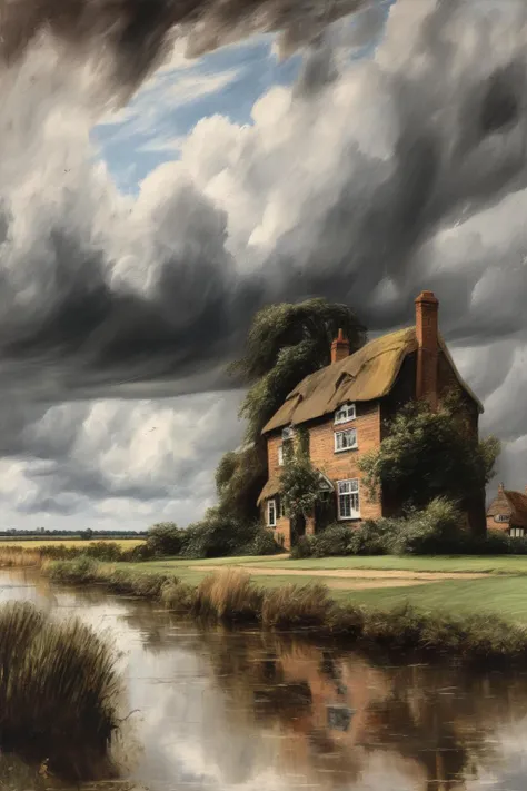 John Constable Style - constable painting of a large tudor farmhouse on the norfolk broads seen from a low angle against a stormy sky