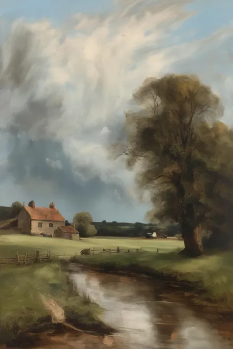 John Constable Style - A 19th century tonalist landscape oil painting of a rural landscape with a farm and stormy cloudy sky. pale blue. impressionism. in a loose, hazy painterly style with a neutral colour palette in the style of Franklin De Haven