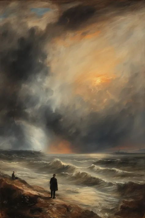 John Constable Style - in the style of William Turner, landscape with a man thinking in the background. Seaside. Sunset. Waves in storm.