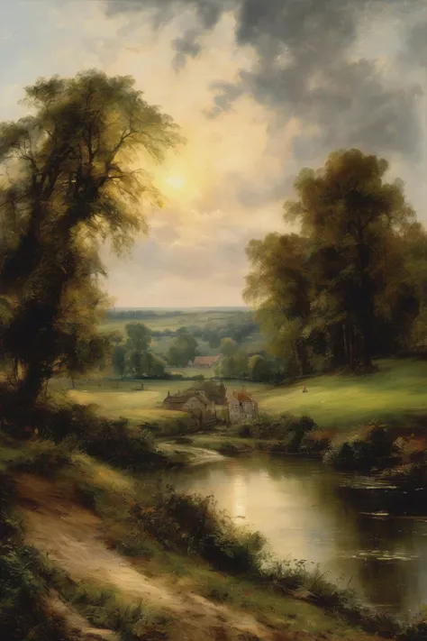 John Constable Style - A breathtaking landscape painting that combines the delicate touch of the Luminists, the powerful compositions of the Romantic era, and the loose, expressive brushwork of the Impressionists. in 16th London in the bacground. The scene is imbued with a sense of tranquility and harmony, celebrating the beauty of nature in all its forms while inviting the viewer to embark on a journey of discovery and wonder.