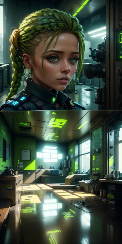 female, officer, portrait, modern police station, highest quality, highly detailed, intricate, 8k, masterpiece, realistic, indoors, Opaque Chartreuse Meadow, Clockpunk, Dutch braid, Tanzanian, <lora:Sci-fi_XL_Style_e16:0.6>