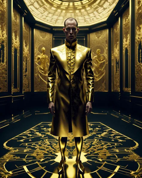 a man in a gold outfit standing in a dark room