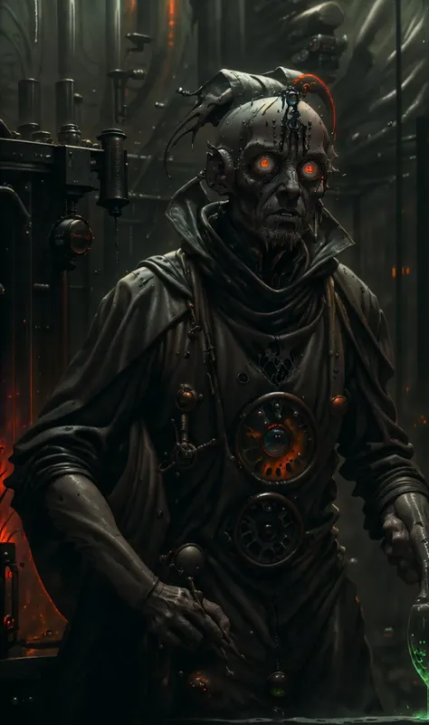 <lora:by_wayne_barlowe_finetuned:1>, by wayne barlowe, frenzied scientist, goggles, mad eyes, sinister grin, alchemist laboratory, masterpiece, the greatest details, 16k, UHD, HDR, boiling, steam, foam, Electrodes,Graduated cylinder,Tongs,Scoopula, leather apron, messy spiky hair, <lora:Sci-fi_XL_Style_e16:0.6>