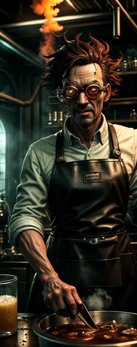 frenzied scientist, goggles, mad eyes, sinister grin, alchemist laboratory, masterpiece, the greatest details, 16k, UHD, HDR, boiling, steam, foam, Condenser,Fume hood,Stirrer bars,Spatula, leather apron, messy spiky hair, <lora:Sci-fi_XL_Style_e16:0.6>