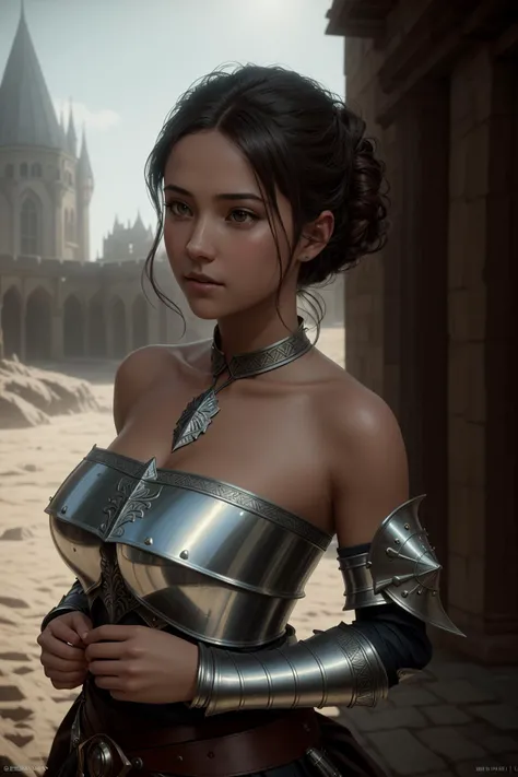 bandeau , <lora:Bandeau-fC-V1:1>, (masterpiece), (extremely intricate:1.3), (realistic), portrait of a girl, the most beautiful artwork in the world, (medieval armor), metal reflections, upper body, outdoors, intense sunlight, far away castle, professional oil painting of a stunning woman by Ed Blinkey and Atey Ghailan and Jeremy Mann and Greg Rutkowski, detailed, sharp focus, dramatic, award winning, matte drawing, cinematic lighting, octane render, unreal engine, volumetrics dtx