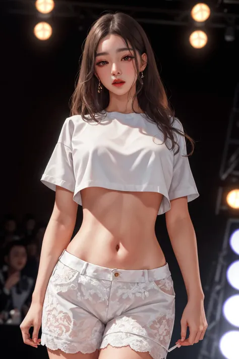 highres,absurdres,masterpiece,best quality,original,extremely detailed CG,extremely detailed wallpaper,perfect lighting,jitome,lips,makeup,standing on the stage,blurry background,
<lora:Crop-tops-fc-v3:0.8>,crop top,