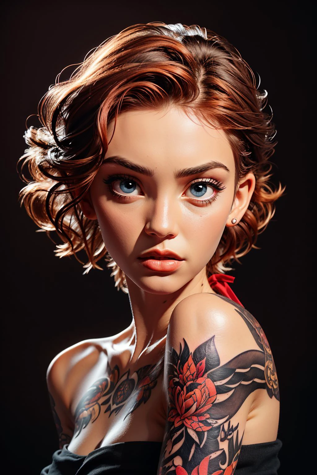 photo of pretty woman, 21 year old woman, (plain photography studio background:1.6), epiC35mm, film grain, (red shirt:1.3), (freckles:0.4), upper body shot, (red color plain background:1.6),, arm tattoo, full-body tattoo, tattoo, black bandeau, ginger hair, <lora:epi_noiseoffset2:0.8> <lora:0220 nude tattoo_v2:0.5> <lora:Bandeau-fC-V1:1> <lora:realistic:0.8> <lora:lora_perfecteyes_v1_from_v1_160:0.8> photo of perfecteyes eyes, perfecteyes eyes