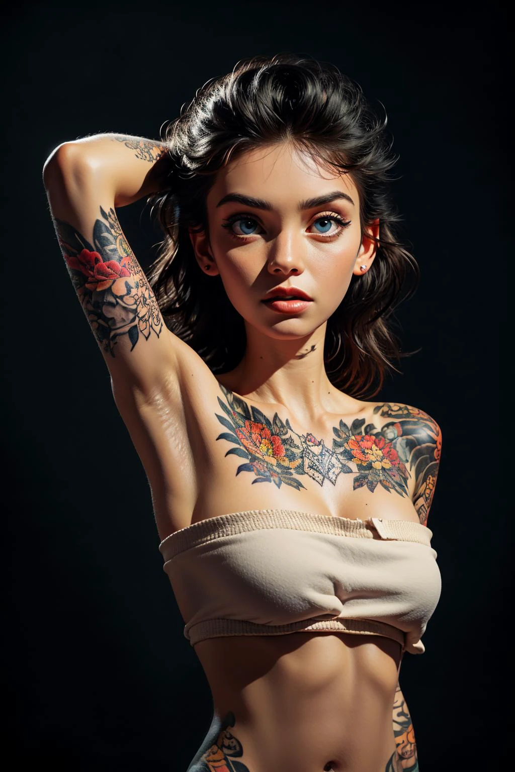 photo of pretty woman, 21 year old woman, (plain photography studio background:1.6), epiC35mm, film grain, (freckles:0.4), upper body shot, (plain background:1.6),, arm tattoo, full-body tattoo, tattoo, black bandeau, black hair, <lora:epi_noiseoffset2:0.8> <lora:0220 nude tattoo_v2:0.5> <lora:Bandeau-fC-V1:1> <lora:realistic:0.8> <lora:lora_perfecteyes_v1_from_v1_160:0.8> photo of perfecteyes eyes, perfecteyes eyes