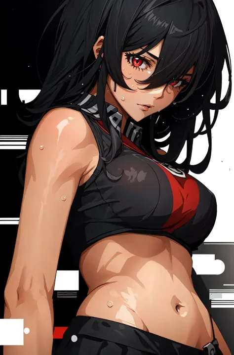 (masterpiece, best quality), intricate details, 8k, artstation, wallpaper, official art, splash art, sharp focus,
1girl, solo, <lora:akameV1:0.8> akame, red eyes, black hair, very long hair, hair between eyes,bare houlders,
<lora:cropped-fc-v2:0.8> cropped-fc, underboob, midriff, sweat, sweating, <lora:sxz-concept:0.8> c0nc3pt,