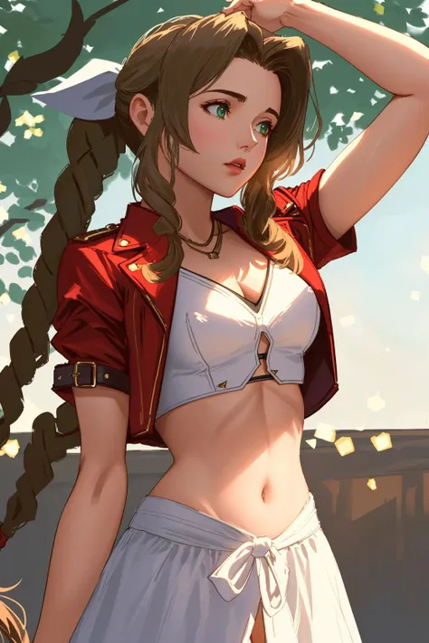 upper body, fcPortrait, midriff, crop top, <lora:Crop-tops-fc-v3:1> ,aerith <lora:aerith-nvwls-v1:1>