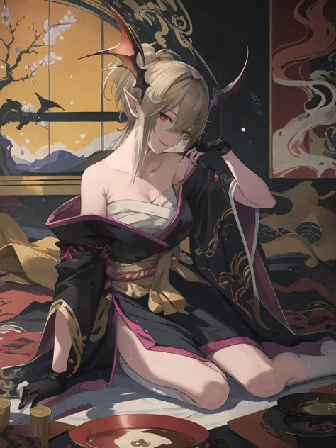 masterpiece,best quality,highres,cinematic lighting,dramatic angle,1girl,green hair,ponytail,pointy ears,red eyes,looking at viewer,bare shoulders,bandages,kimono,legs,evil smile,sake,sake bottle,sake dish,<lora:ShadowverseYuzukiV8-000024:0.8:lbw=1,0.8,1,0.8,0.8,1,1,0.8,1,1,1,1,1,1,1,1,1>,white socks,head tilt,head wings,